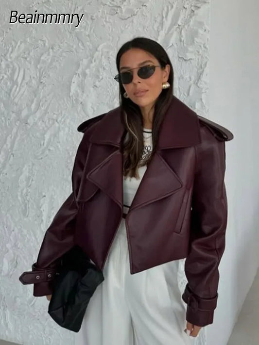 Women's Red Pu Leather Burgundy Solid Lapel Cropped Jacket Female Pockets Long Sleeves Short Coat 2024 Lady Autumn Streetwear