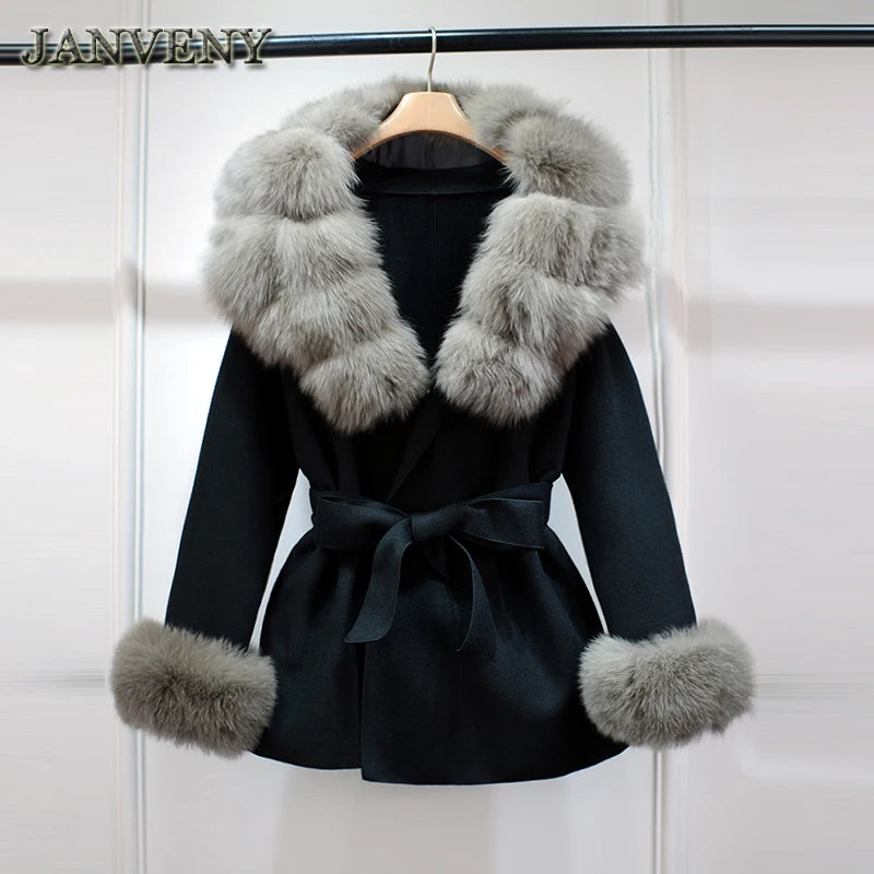 2025 Fashion Winter Real Fox Fur Collar Cuff Cashmere Wool Coat Women Suit Collar Warm Loose Mid Length Belted Wool Coat Blends
