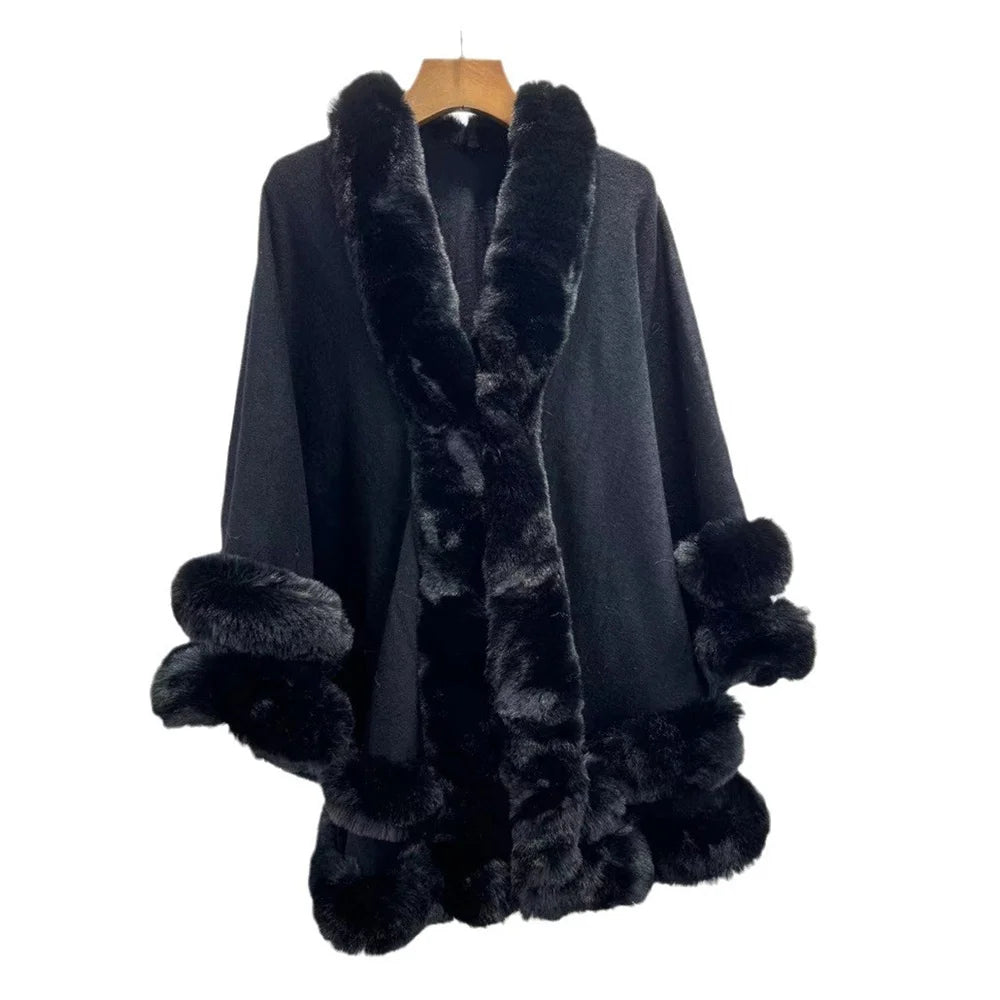 Women's Thick Warm Cashmere Poncho Capes, 2 Circle Faux Fur Collar, Big Pendulum Shawl, Overcoat Loose Cloak, Winter