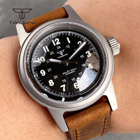 Tandorio Sandblasted 36mm Men's Dive Mechanical Wristwatch Domed Sapphire Crystal NH35 PT5000 20BAR Luminous Watch Date Leather