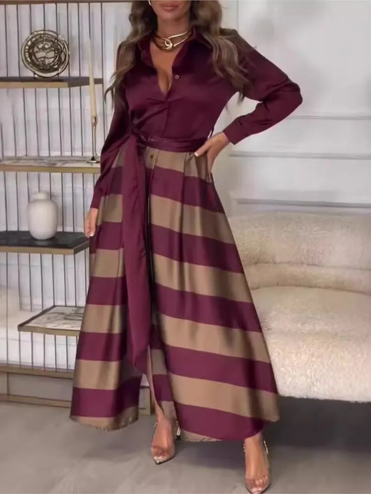 Fashion Long-sleeved Lapel Dress For Women Elegant Autumn Winter Lace-up Striped Printing Splicing Loose Casual Dresses Female