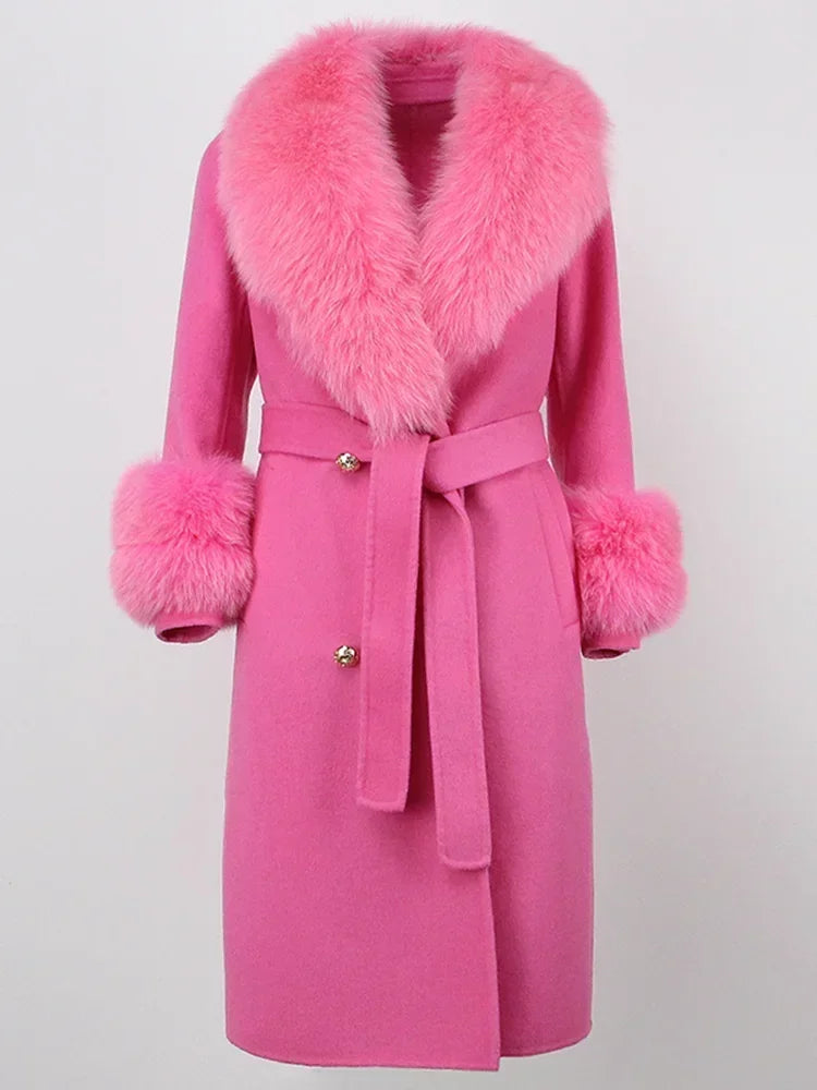 2024 Winter Jacket Women Long Natural Wool Blends Cashmere Real Fur Coat Double Breasted Belt Warm Wool Streetwear New Fashion