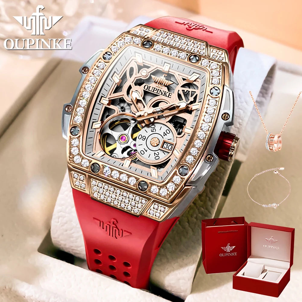 OUPINKE 3220 Women's Watch Flywheel Skeleton Mechanical Watch For Women Luxury Silicone Strap Wristwatch Sapphire Mirror Clock