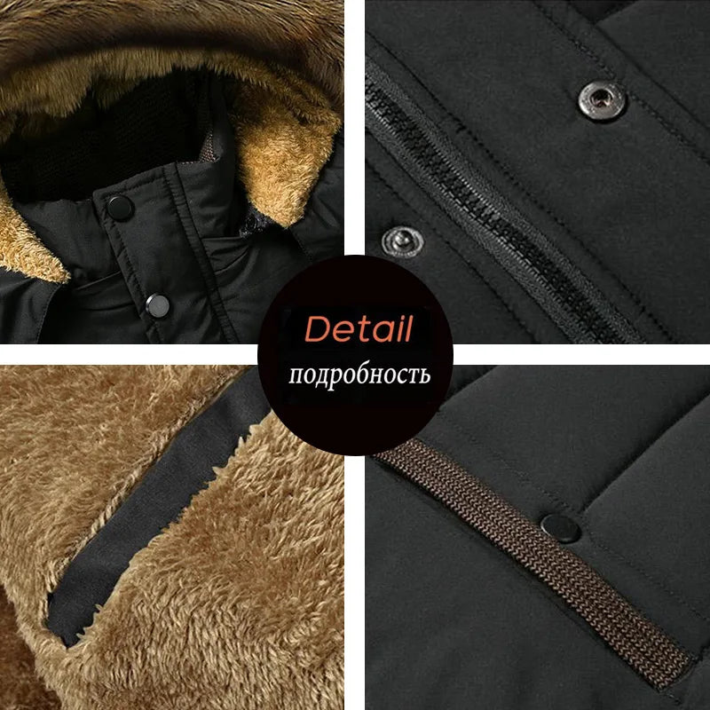 Winter Men Windproof Fleece Casual Jacket Man Thick Detachable Hat Parka Jacket Men Outdoor Multi Pocket Work Windbreaker Jacket