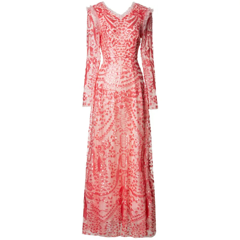 QMQA Fashion Women's Luxury Sequin Dress V-neck Long Sleeved High Waist Slimming Elegant Banquet Evening Dresses 2025 New QM167