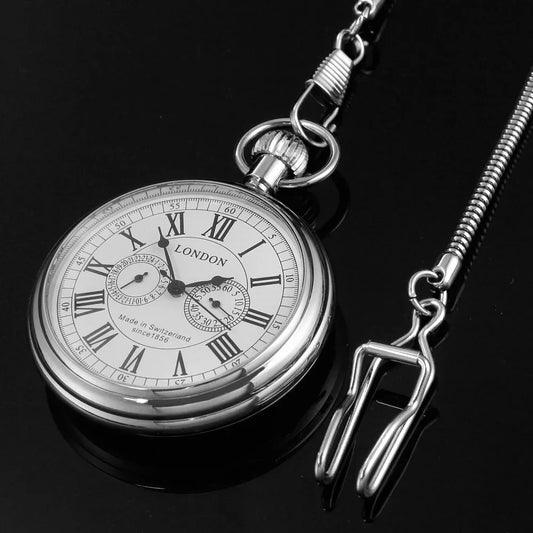 Luxury London 1856's Antique Pocket Watch Mechanical Hand Winding Stainless Steel Case Mens FOB Chain Pocket Watch Reloj Gift