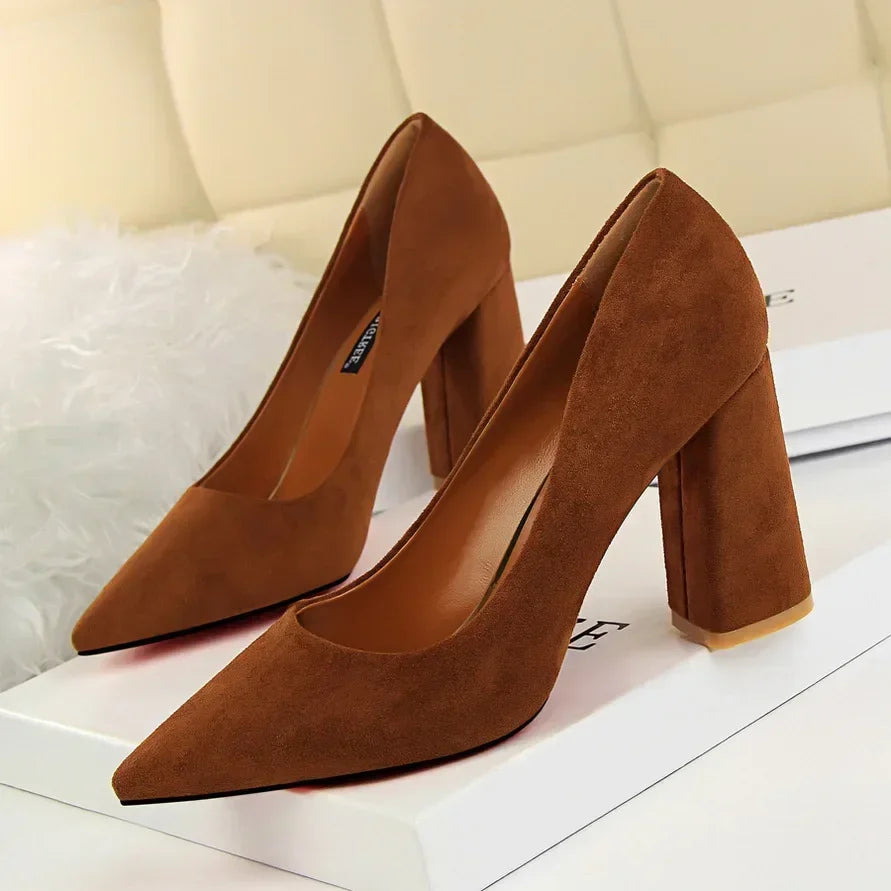 Women Elegant Suede 8.5cm High Heels Formal Occasion Pumps Lady Fashion Party Block High Heels Red Khaki Nightclub Dance Shoes