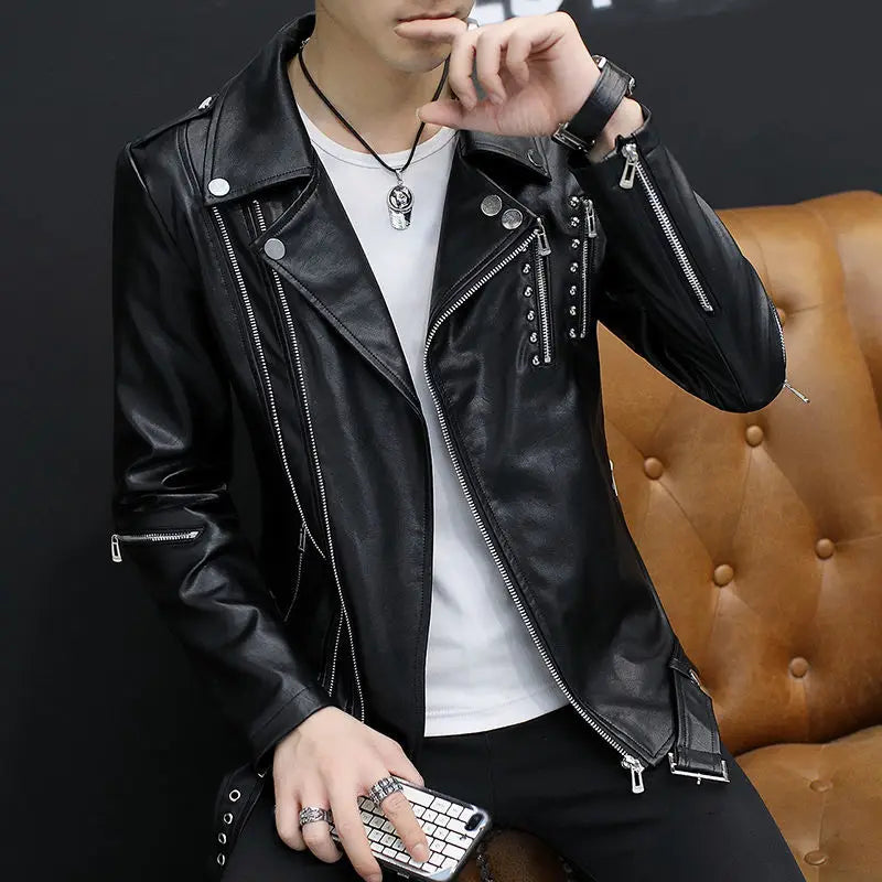 2024 Autumn Men's Leather Jacket, Suit Collar Coat Slim Men's Short Motorcycle clothing