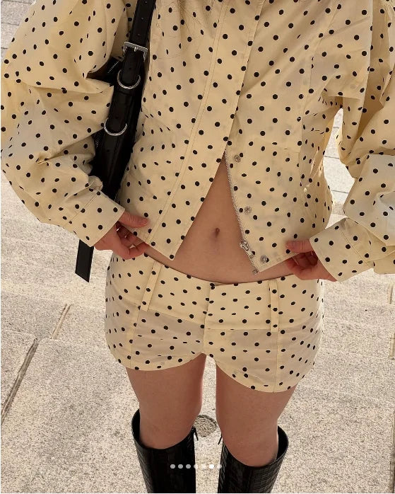 Black Polka Dot Half Zip Pullover Coat Women Loose Fit Puff Sleeves Outfit 2025 New Fashion Street Daily Autumn Outerwear 2025
