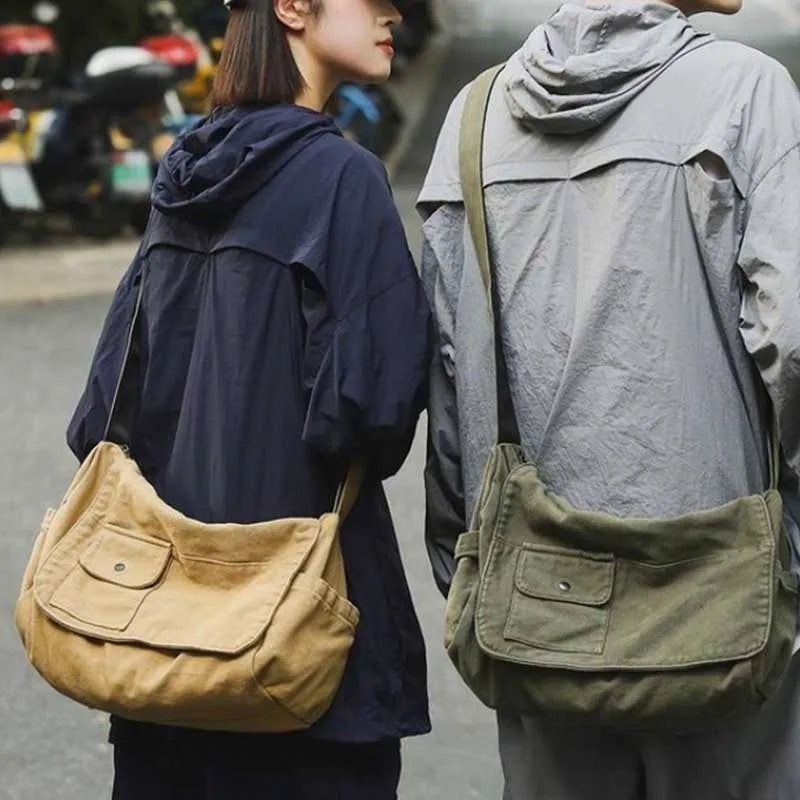 Casual Canvas Messenger Bag Versatile Flip Large Capacity Shoulder Book Bag For Student Adjustable Crossbody Bag For Men Women