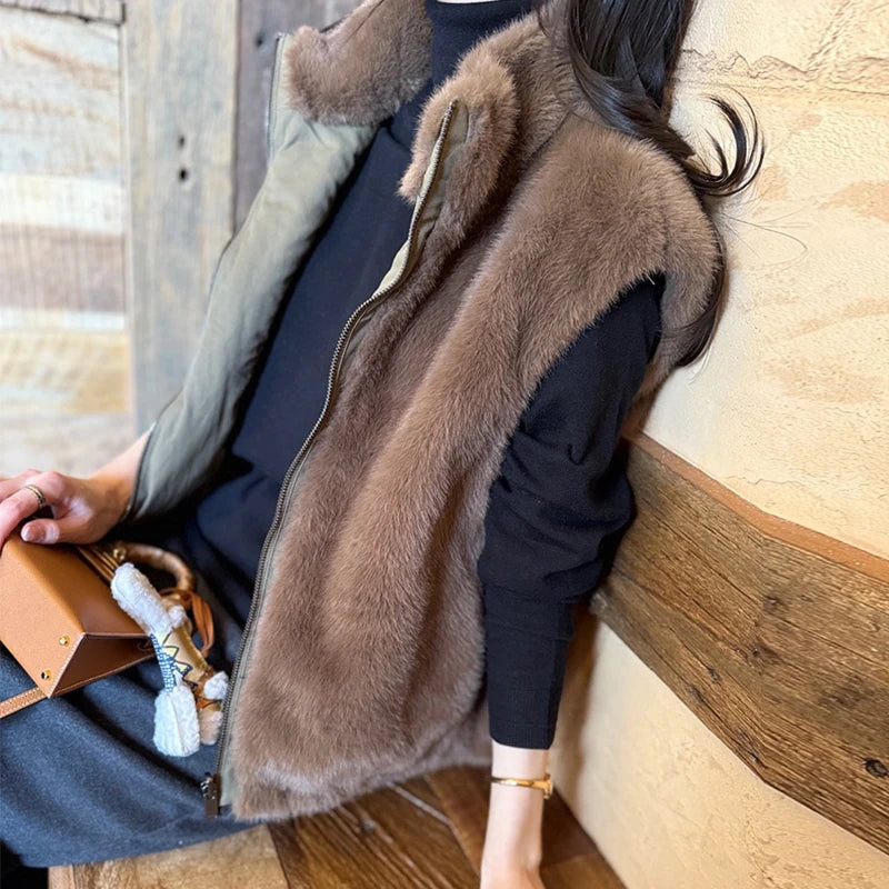 Women Korean Style Mink Fur Reversible Vest Coats Autumn Winter High-end Stand Collar Thick Warm Loose Casual Zipper Waistcoat