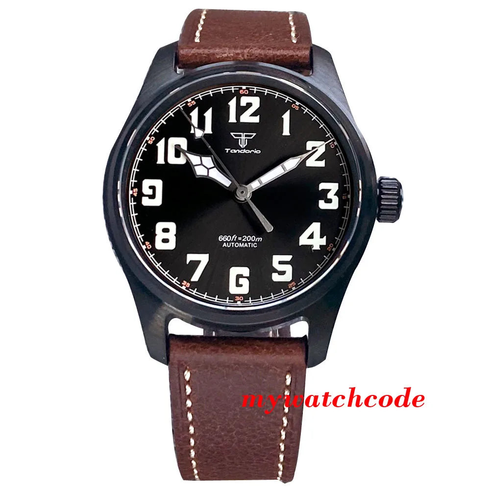 Waterproof Vintage Pilot Watch Tandorio Black NH35 Mechanical Clock Men Arabic Numerals 39mm Sport Clock Reloj Hombre Big Crown