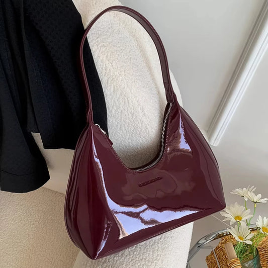 Women Burgundy Shoulder Bag Luxury Design Wine Red Half Moon Handbag Fashion Pu Leather Handbag Small Crescent Underarm Bags New