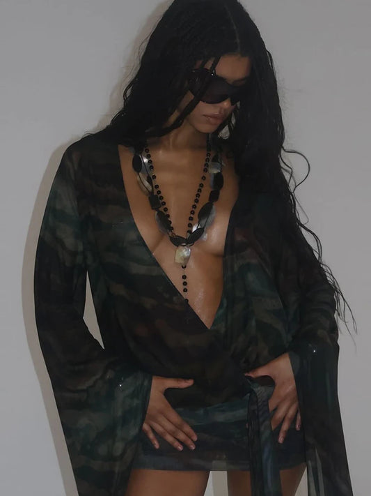 Nibber Sexy See Through Tie-Dye Dress Women Deep V-Neck Lace-Up Backless Loose Full Sleeve Summer Party Coquette Mini Bodycon
