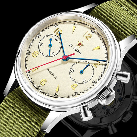 Red Star 1963 Chronograph 38mm Men's Mechanical Pilot with Seagull ST1901 Movement Watch Air Force Aviation 40mm Stop WristWatch