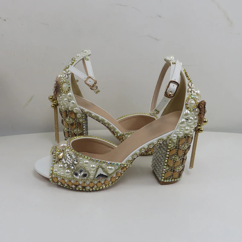 Champagne Crystal Bridals Party shoes 11cm Strange Heel Women Summer Sandals Evening Party shoes Open Toe Sandals Ankle Strap