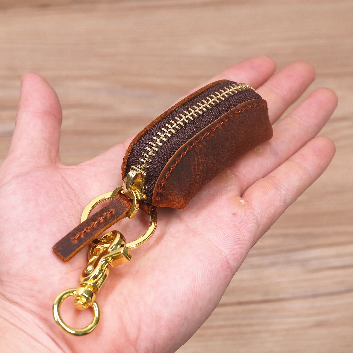 Genuine Leather Coin Pouch Keychain For Men Women Original Cowhide Handmade Small Zipper Coin Purse With Brass Key Chain Holder