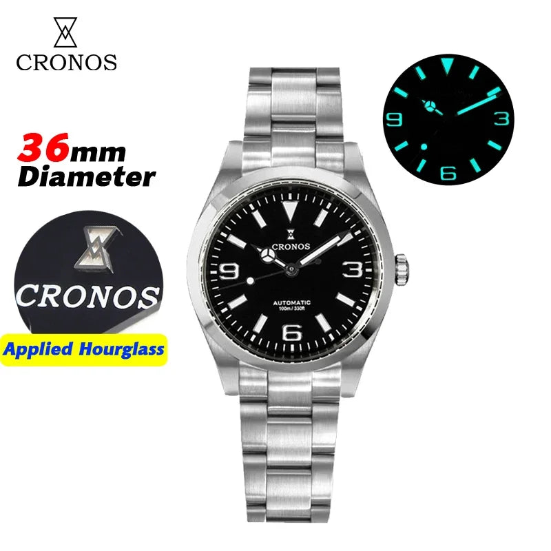 Cronos 36mm EX Men Watch NH35 Automatic Movement Mechanical Watches Waterproof 10Bar Sapphire Bushed Bracelet Wristwatch L6019