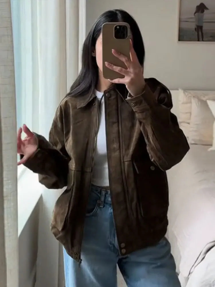 Suede Leather Jacket Coat Vintage Brown Maillard Pocket Lapel Casual Loose Bomber Jackets Motorcycle Style Silhouette Outwear