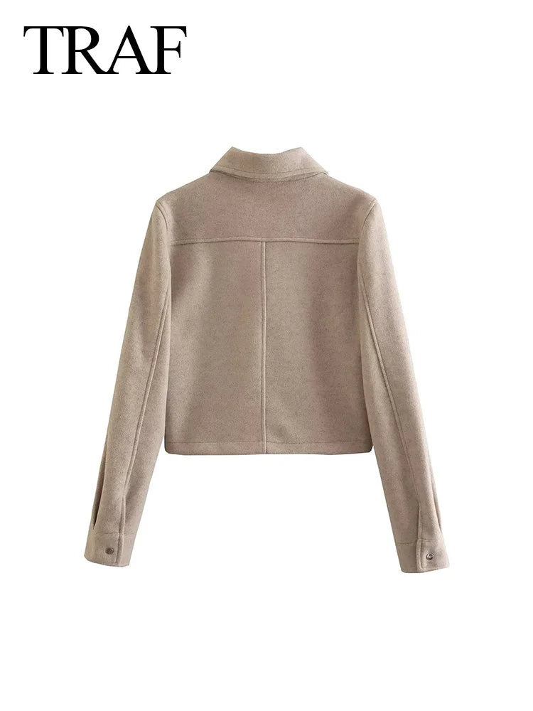 TRAFZA Women Fashion Elegant Khaki Long Sleeve Slim Cropped Coat Female Casual Loose Chic Tops With Buttons Pocket Streetwear