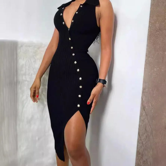 Women Dress Slim Fit Long Dresses Sexy V Neck Sleeveless Hip Wrap Elegant Splice Solid Regular Vestidos Button 2025 Summer