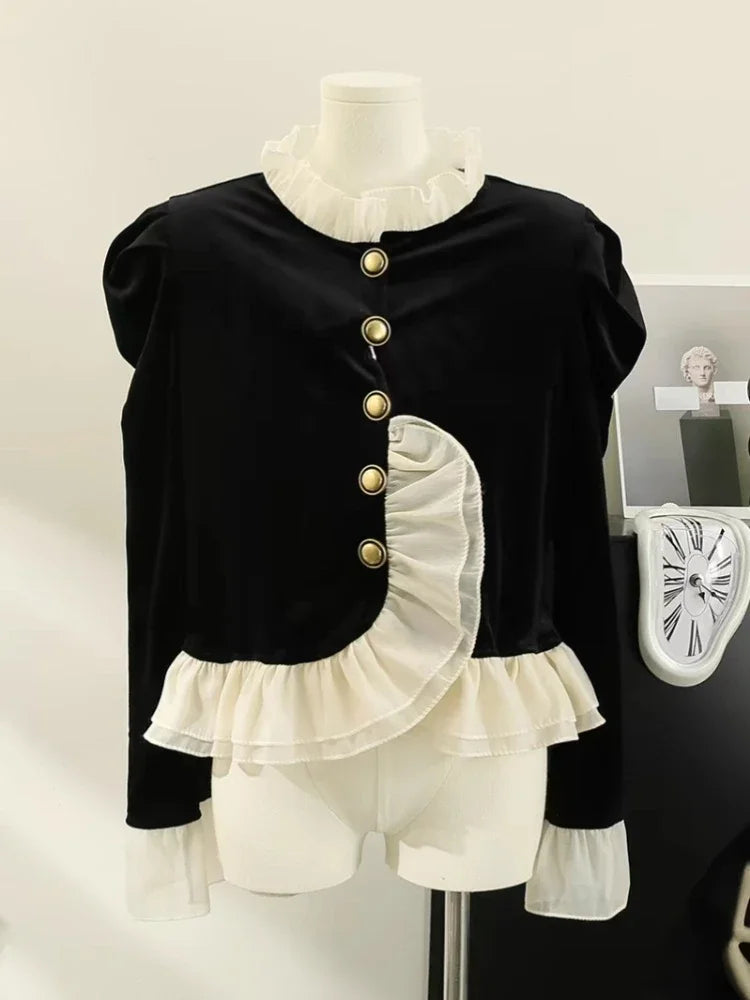 Velvet Jackets for Women Vintage Ruffles Design Temper Fashion French Style Aesthetic Clothes All-match Soft Autumn Winter Mujer