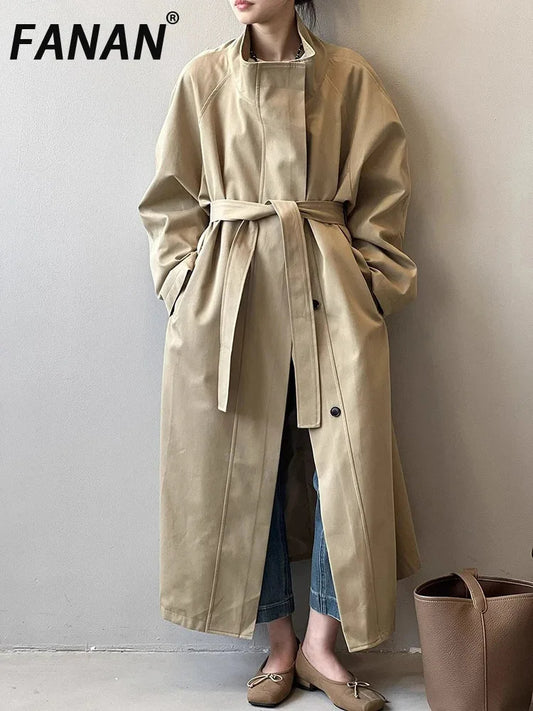 FANAN Office Lady Belt Gathered Waist Trench Women's Stand Neck Single Breasted Fashion Windbreaker Female Coats 2025 Spring New