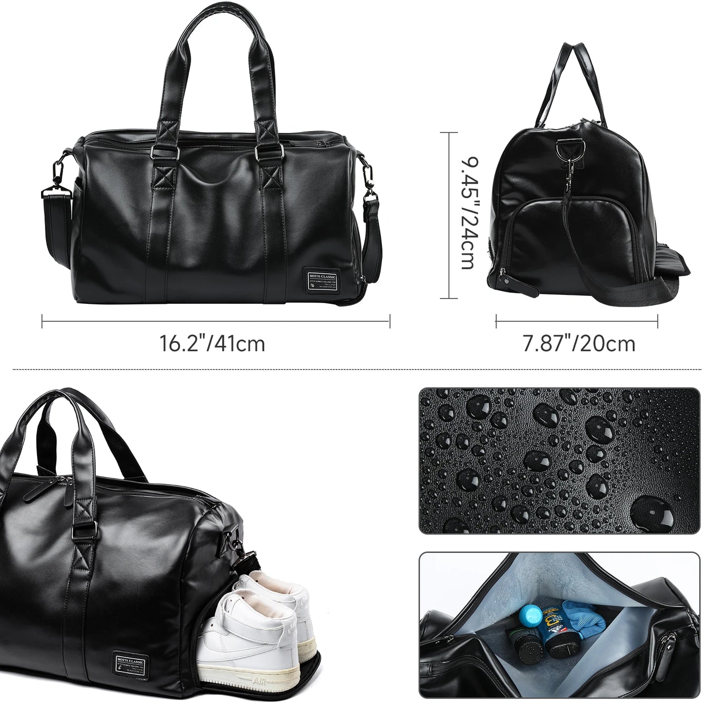Leather Travel Duffel Bag for Men, Vintage Waterproof Bag with Shoe Pouch, Overnight Gym Sports Carry-On Leather Bag
