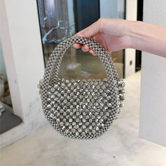 Women Woven Hand Bag Exquisite Design Hollow-out Handmade Beaded Handbag Small Evening Party Bag