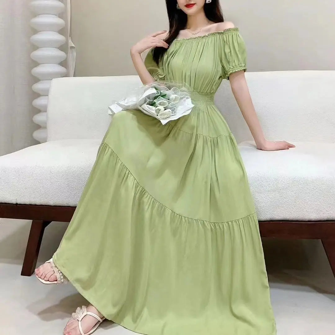 Cotton Silk floral Short sleeved Dress Beach vacation Big swing Dress New Summer 2025 Printed One neck Long Dresses
