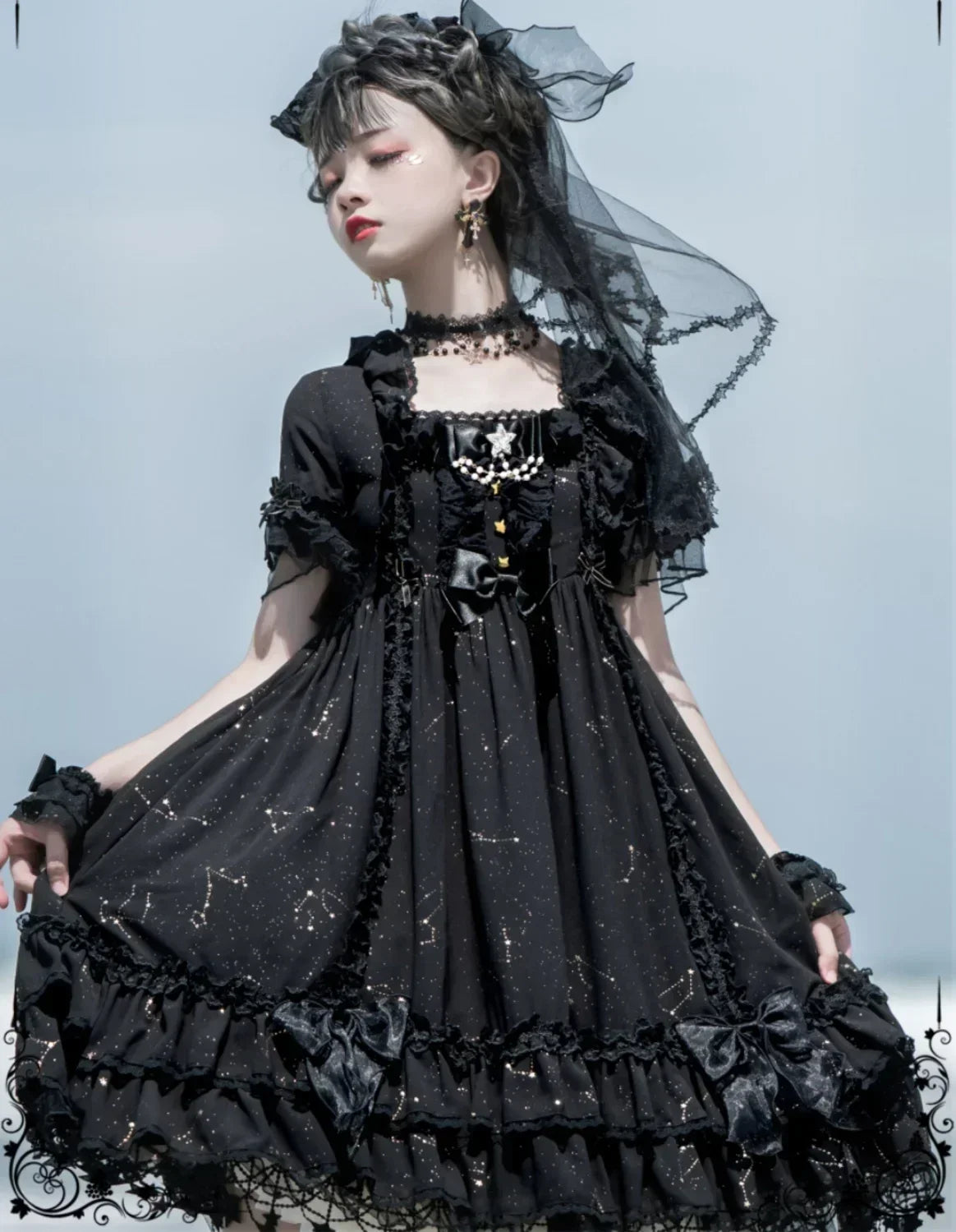 NONSAR Gothic Square Collar Ruffles Lace Black Dress Women Sweet Short Sleeved OP Dresses Summer Daily Goth Lolita Y2K Dress