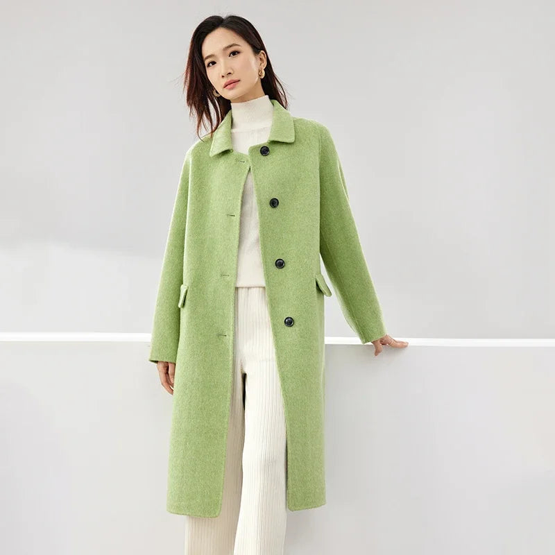 SENTUBILA Double-faced Woolen Long Jacket For Women 2025 Winter 100% Wool Coat Simple Comfortable Warm Lapel Overcoat W34O49911