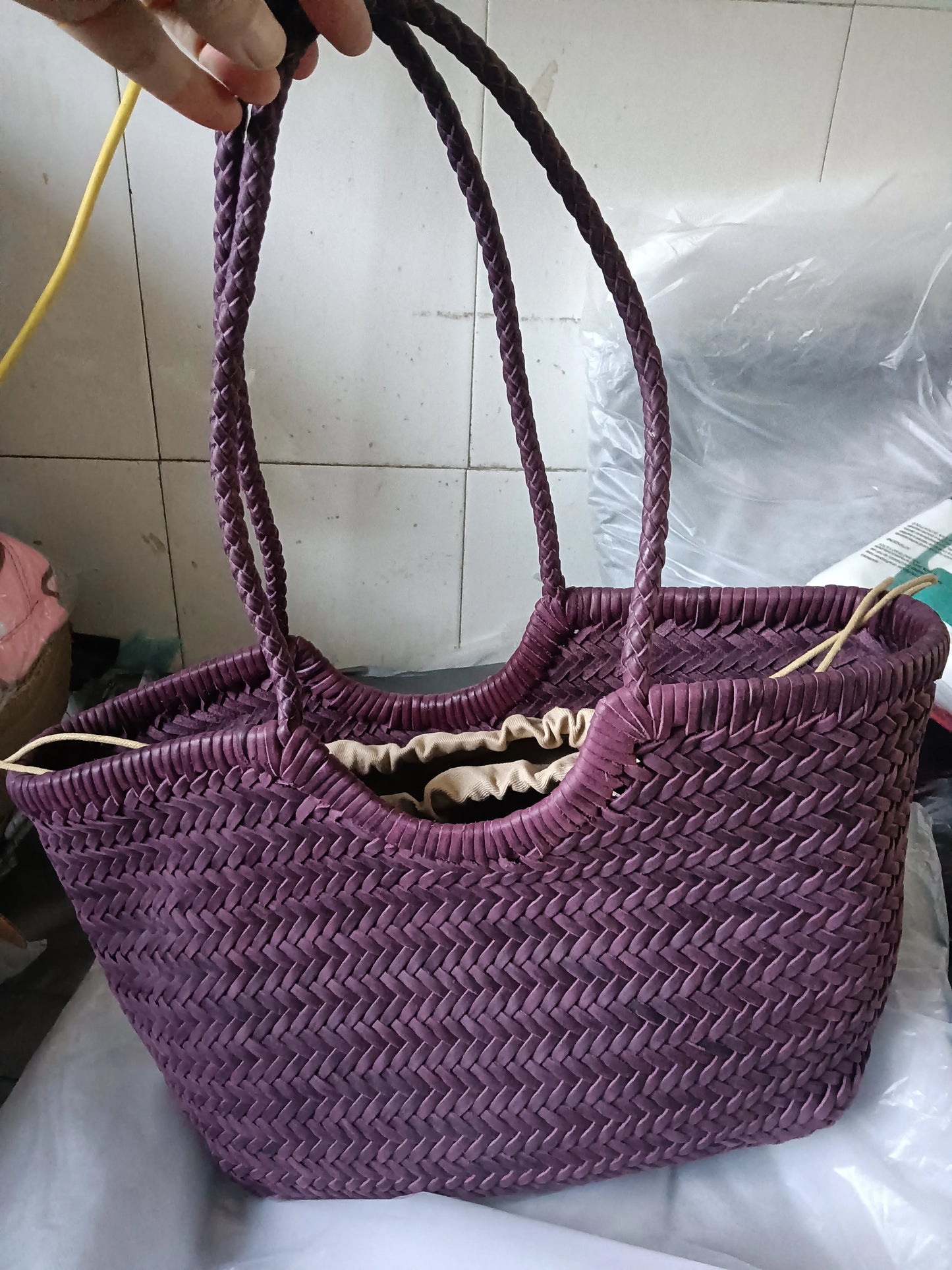 Hand Knitted Designer Genuine Leather Elegant Handle Female Totes Vintage Women's Handbag Cowskin Lady Large Shoulder Bag