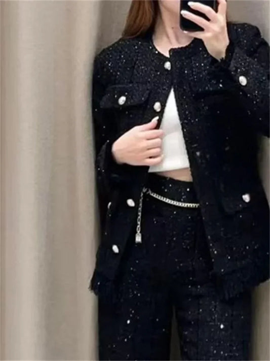 Autumn Winter Women Shiny Silk Tweed Coat Tassel Trim Lace-Up Cinching Jacket Top or Wide Leg Pants with Sashes