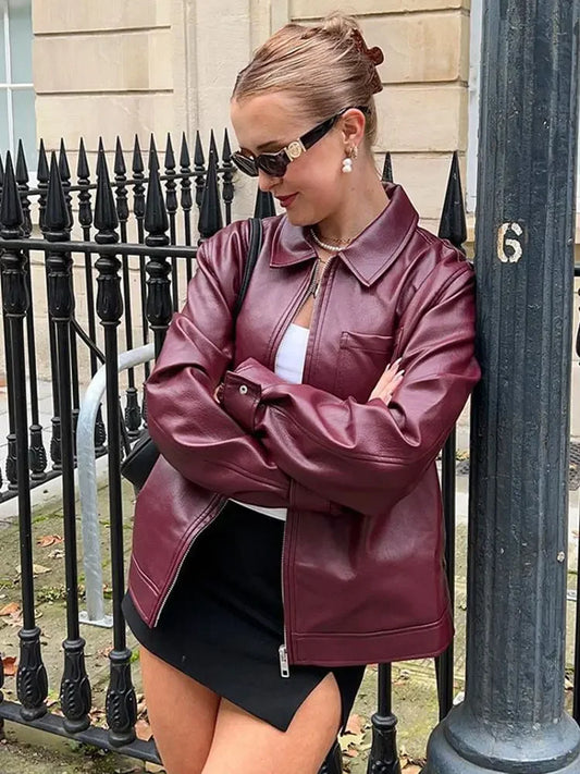 Women Red Lapel Zipper Leather Cropped Coat 2025 Chic Retro Loose Casual Short Jackets Autumn Fashion Motorcycle Leather Tops