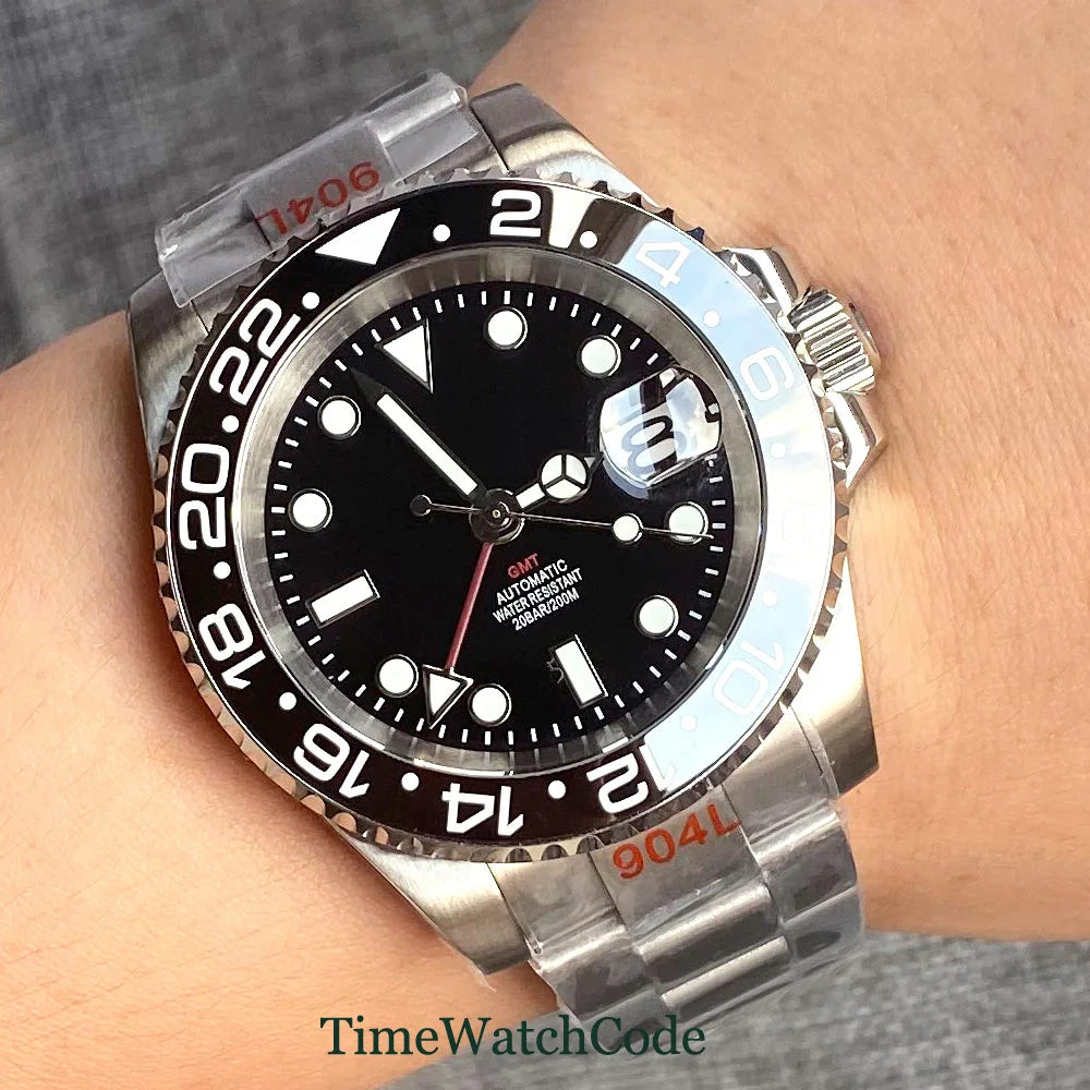 Tandorio 40mm NH34A Men's Automatic Watch GMT Function Luminous Black Dial Sapphire Crystal Auto Date Bracelet Rotating Bezel
