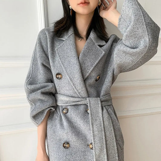 High Quality Double Sided 100%Wool Coat Women Long Double Breasted Elegant Loose Cashmere Winter Jacket