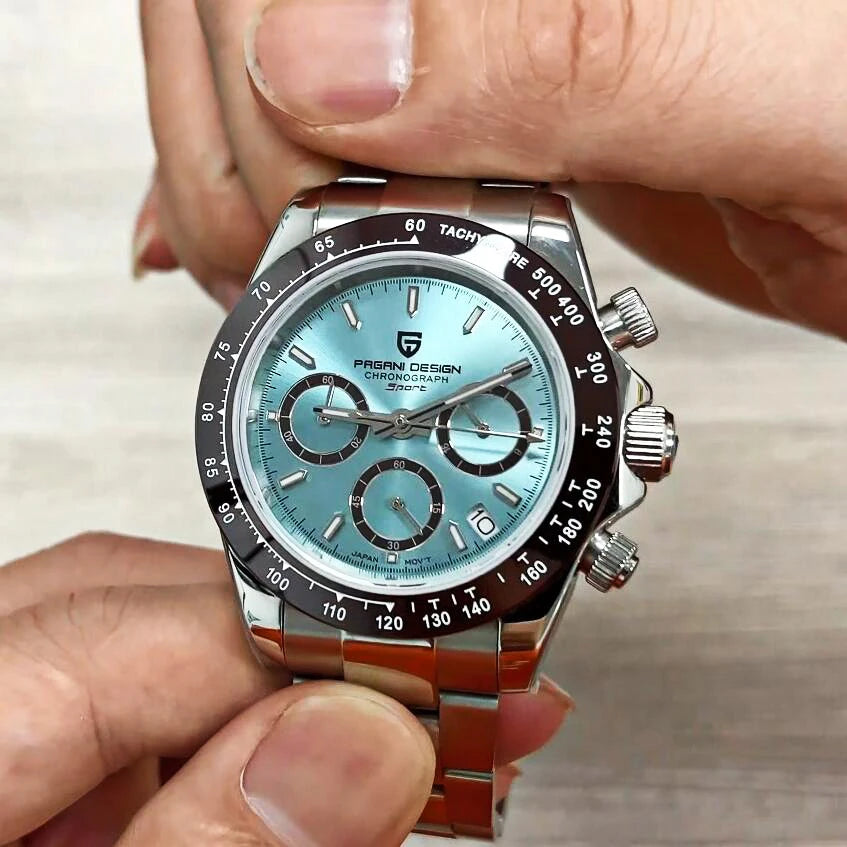 PAGANI DESIGN 2025 New Sport Chronograph Top Brand Luxury Quartz Watch For Men VK63 Automatic date 100M Waterproof Ceramic bezel