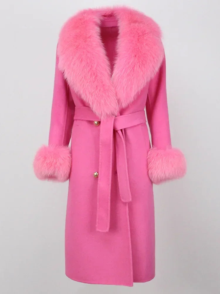 2024 Winter Jacket Women Long Natural Wool Blends Cashmere Real Fur Coat Double Breasted Belt Warm Wool Streetwear New Fashion