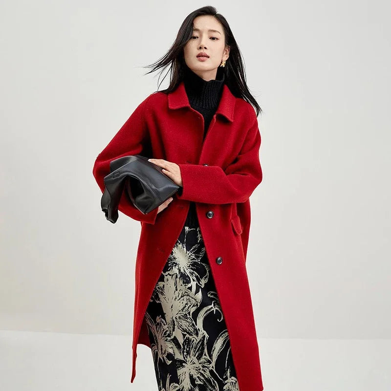 SENTUBILA Double-faced Woolen Long Jacket For Women 2025 Winter 100% Wool Coat Simple Comfortable Warm Lapel Overcoat W34O49911