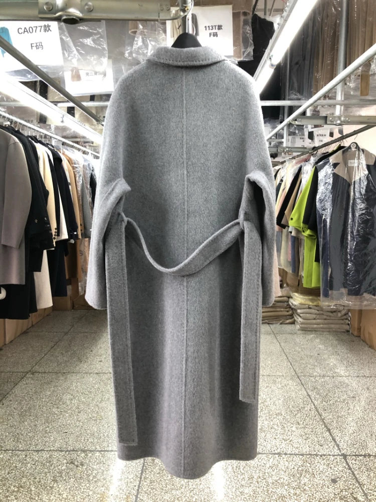 High-end 100% Wool Double-sided Coat Long Women Loose Double-breasted Long Sleeve Lace-up Solid Real Wool Jacket Autumn Winter