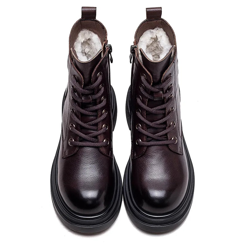 DRKANOL British Style Women Winter Warm Shearling Boots Natural Wool Cow Leather Thick Heel Platform Casual Retro Ankle Boots