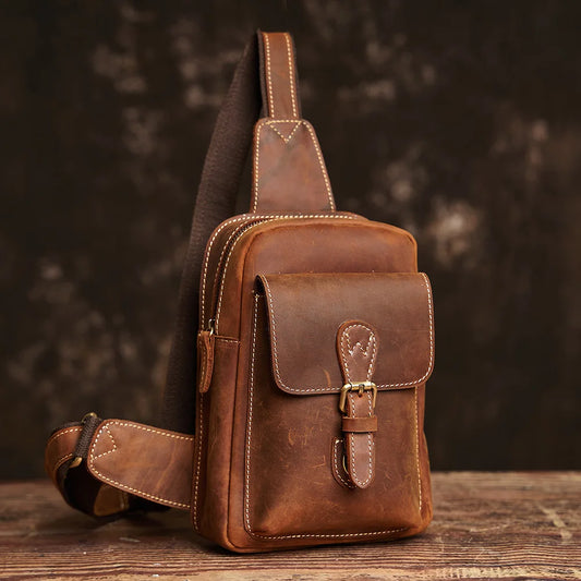 NUPUGOO Genuine Leather Chest Bag Vintage Men's Crossbody Bag Casual Shoulder Bag Daily Commute Small Satchel