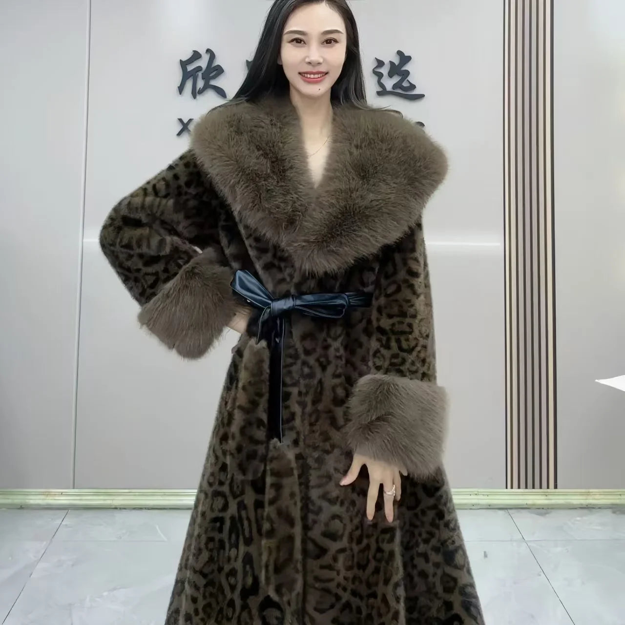 Faux fur coat for women,turn-down collar long jackets,adjustable waist casual overcoat, leopard, spliced, new winter