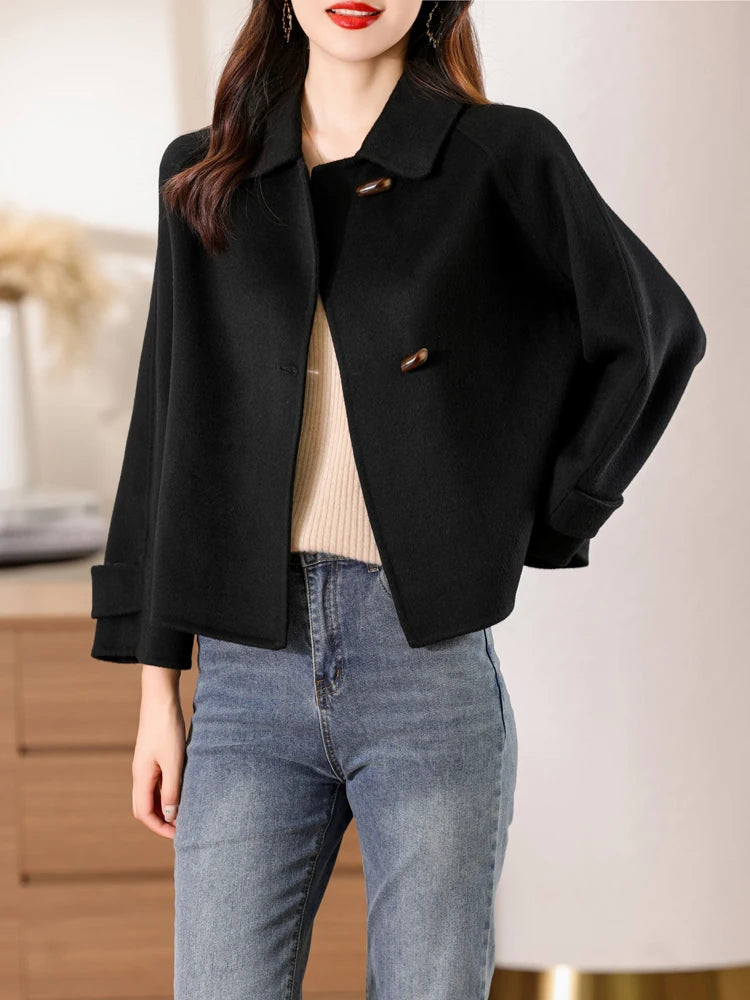 100% Merino Pure Wool Handmade Double-Sided Cloth Chic Coat Women's Short Oxhorn Button Heavy Coat High Street Elegant Top