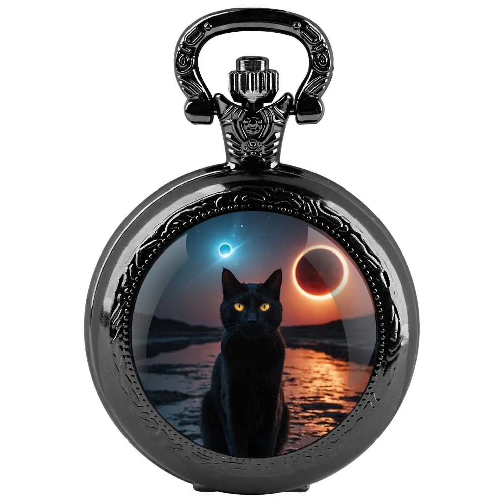 Halloween Black Cat Design Glass Dome Fashion Arabic Numerals Quartz Pocket Watch Necklace Pendant Chain Mens Women Gifts