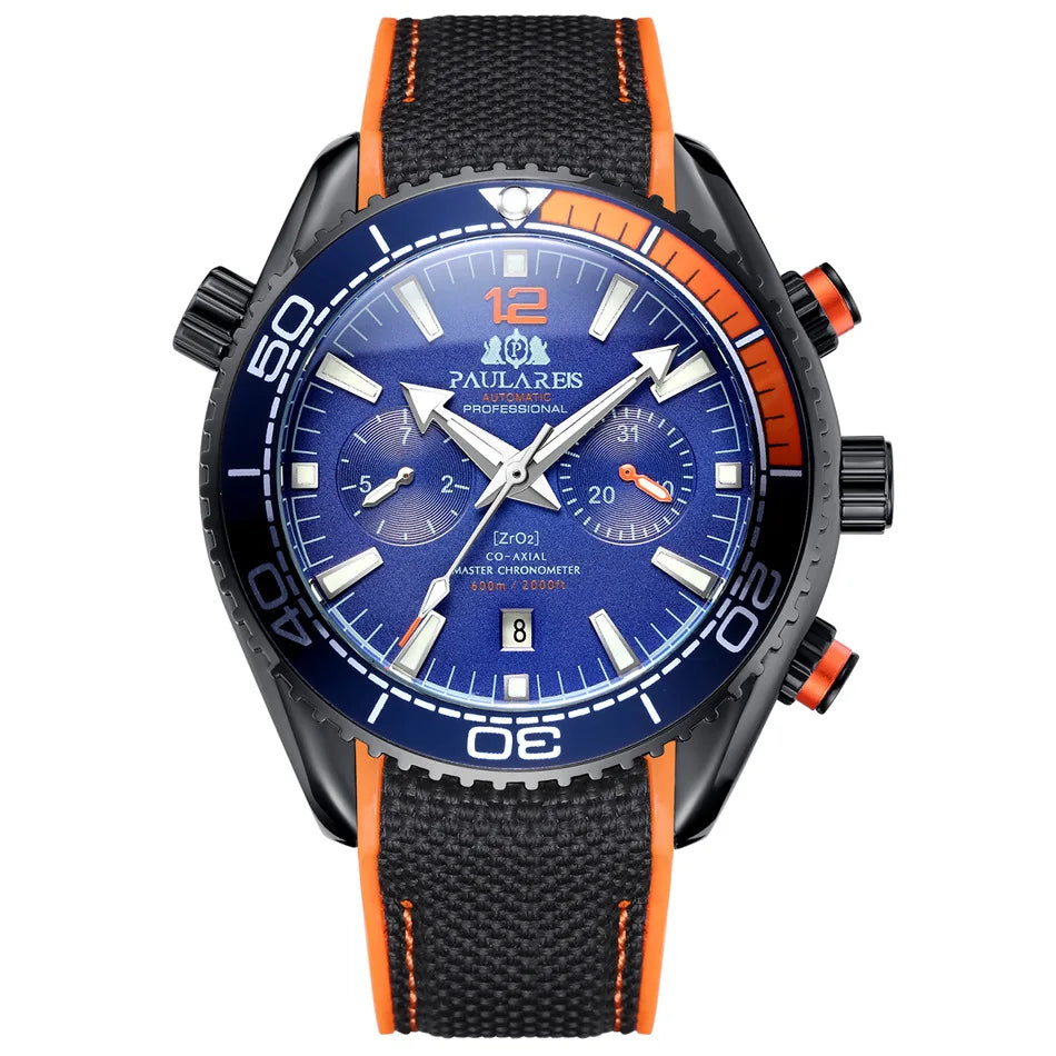 PAULAREIS P Luxury Men Automatic Self Wind Mechanical Watch for Men Rubber Strap Waterproof Luminous Date Fashion Mens Watches