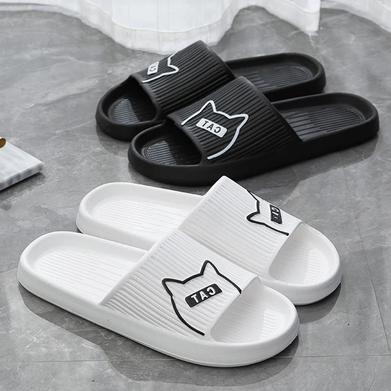 Women Slippers Bath Thick Platform Non-Slip Home Cat Cartoon Flip Flops Summer Beach Sandals Couple Slides Indoor Shoes