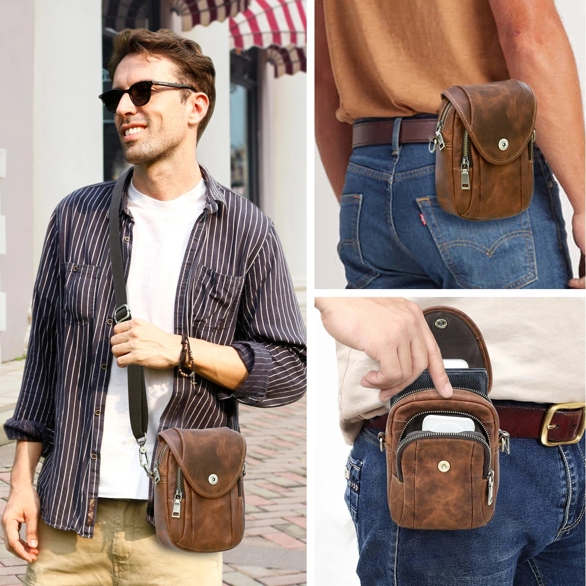 CONTACT'S Genuine Leather Sling Shoulder Bags for Men Waist Bags Belt Fanny Packs Small Messenger Phone Bag Male Travel Bum Bag