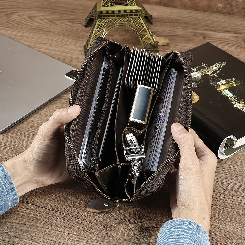 JOYIR Genuine Leather Men's Clutch Bag RFID Wallet Large Capacity Business Long Wallet with Hand Strap Male Purses Money Bag